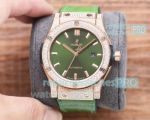 Replica Hublot Classic Fusion Citizen Auto Watches Full Iced Rose Gold Green Dial